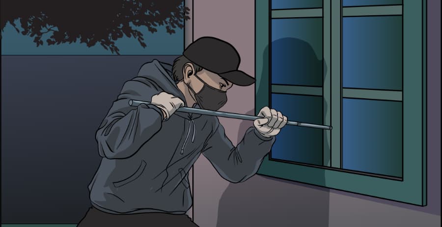 Illustration of burglar forcing entry through a window in Tallahassee